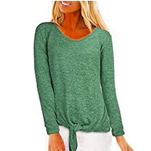 Women's Long Sleeve Round Neck Tie Front Top in Heathered Green
